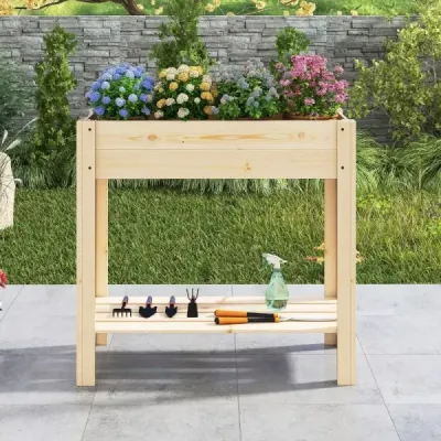Vyvýšený záhon s policou Vyvýšený drevený záhradný záhon Box na sadenice s drenážou 81 x 37 x 77 cm Prírodný