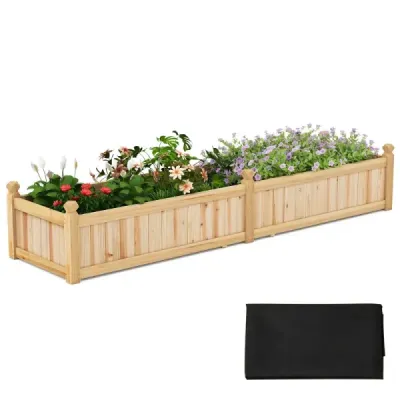 Kvetinový box vyvýšený záhon Drevený box s priečkou Odvodňovacie otvory a netkaná fólia Záhradný záhon Záhon 227 x 59,5 x 40 cm Prírodný