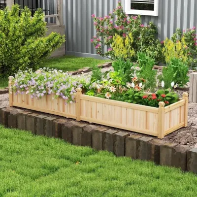 Kvetinový box vyvýšený záhon Drevený box s priečkou Odvodňovacie otvory a netkaná fólia Záhradný záhon Záhon 227 x 59,5 x 40 cm Prírodný