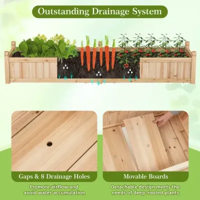 Kvetinový box vyvýšený záhon Drevený box s priečkou Odvodňovacie otvory a netkaná fólia Záhradný záhon Záhon 227 x 59,5 x 40 cm Prírodný