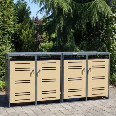 Skladovací diel na odpadkové koše pre 2 x 120 l koše.odolný voči poveternostným vplyvom s uzamykateľnými dverami. Sivá a žltá