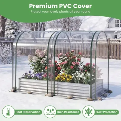Vysoký záhon 3 v 1 so skleníkom – kovový kvetináč s PVC krytom a 2 oknami – skleník, strieborný