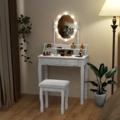 Toaletný stolík s LED osvetlením s nastaviteľným jasom Toaletný stolík so 4 zásuvkami biely