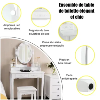 Toaletný stolík s LED osvetlením s nastaviteľným jasom Toaletný stolík so 4 zásuvkami biely