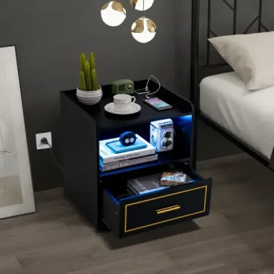 Nočný stolík s USB portom LED svetla a nabíjacou stanicou Type-C Nočná skrinka s pohybovým senzorom Čierna