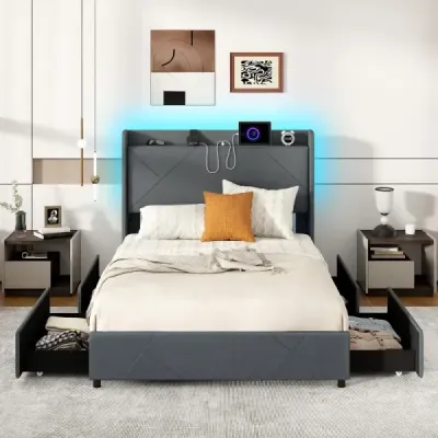 Rám manželskej postele vrátane LED osvetlenia Čalúnená posteľ s nabíjacou stanicou 2 úložné vrecká a 4 zásuvky Sivá (200 x 140 cm)