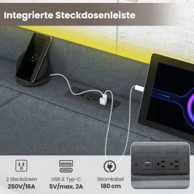 Rám manželskej postele vrátane LED osvetlenia Čalúnená posteľ s nabíjacou stanicou 2 úložné vrecká a 4 zásuvky Sivá (200 x 140 cm)