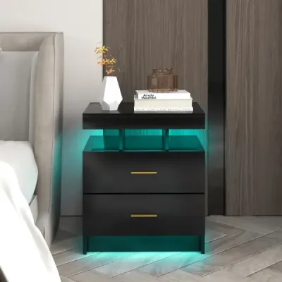 Nočný stolík s LED osvetlením Nočný stolík s 2 zásuvkami 50 x 40 x 58 cm čierny