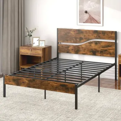 Kovový rám postele pre matrac 200 x 140 cm, priemyselná posteľ s platformou a dreveným čelom a nohou, rustikálna hnedá