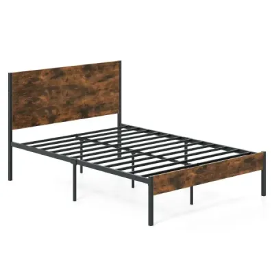 Kovový rám postele pre matrac 200 x 140 cm, priemyselná posteľ s platformou a dreveným čelom a nohou, rustikálna hnedá