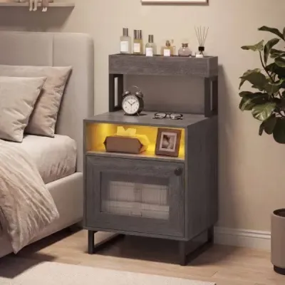 Moderner Nachttisch mit LED-Lichtern & Oberem Tablett Beistelltisch Sofatisch Nachtschrank Grau