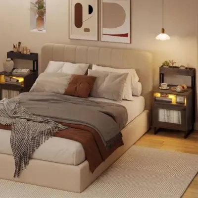 Moderner Nachttisch mit LED-Lichtern & Oberem Tablett Beistelltisch Sofatisch Nachtschrank Grau