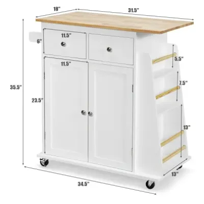 Kuchynský ostrovček s úložným priestorom Servírovací vozík z kaučukového dreva na kolieskach 88 x 46 x 89,5 cm biely