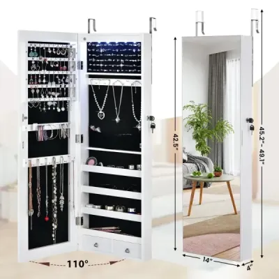 Zrkadlová skrinka na šperky Uzamykateľná na stenu/dvere 36 x 10 x 108 cm Biela