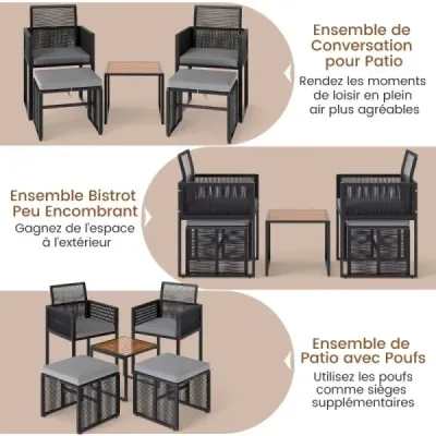 Sada 5 kusov ratanového záhradného nábytku vrátane 2 kresiel s vankúšmi a taburetom a stolíka na balkón