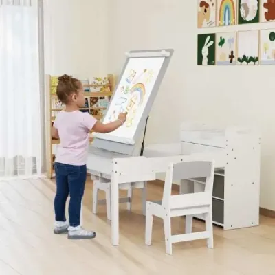 Detský stôl s 2 stoličkami 3v1 maliarsky stôl drevená detská sedacia súprava so zdvíhacou stolovou doskou sivá