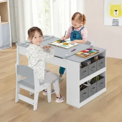 2 v 1 detský umelecký stôl a stojan na maľovanie s 2 stoličkami multifunkčný drevený stôl pre malé deti, sivý