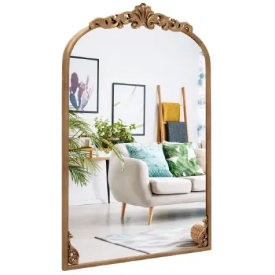 Oblúkové nástenné zrkadlo Golden tradičné vintage barokové zrkadlo s kovovým rámom starožitné oblúkové zrkadlo 95 cm x 66 cm