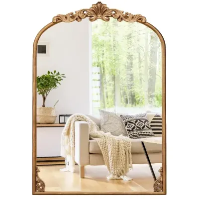Oblúkové nástenné zrkadlo Golden tradičné vintage barokové zrkadlo s kovovým rámom starožitné oblúkové zrkadlo 95 cm x 66 cm