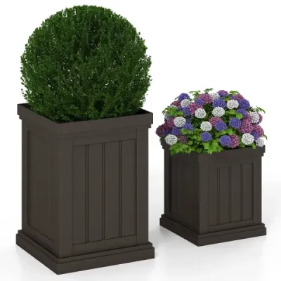 Sada 2 štvorcových kvetináčov, výška 48/31,5 cm, stohovateľné kvetináče odolné voči poveternostným vplyvom, kvetináče s drenážnymi otvormi, plastový kvetináč z PP, hnedý
