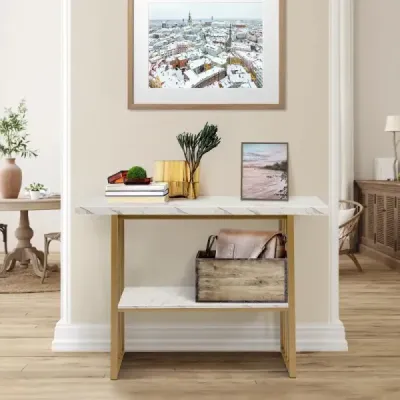 2-úrovňový konzolový stolík s mramorovým vzhľadom 120 x 29,5 x 92,5 cm Biela a zlatá