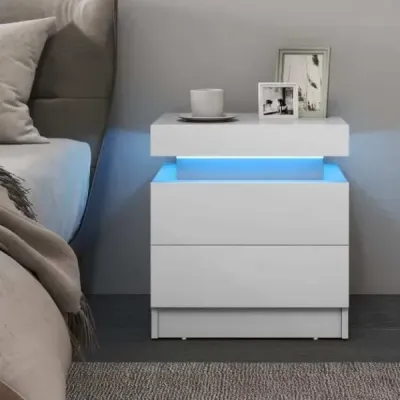 Nočný stolík s LED osvetlením Nočná komoda s 2 zásuvkami Moderný nočný stolík biely