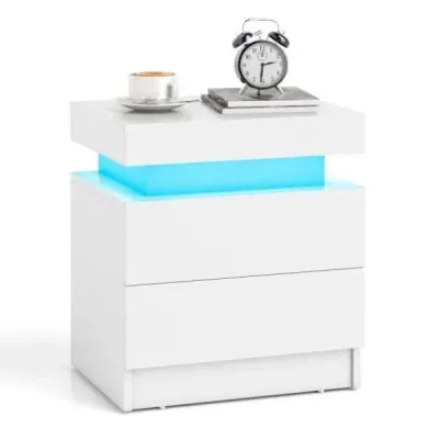 Nočný stolík s LED osvetlením Nočná komoda s 2 zásuvkami Moderný nočný stolík biely
