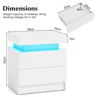 Nočný stolík s LED osvetlením Nočná komoda s 2 zásuvkami Moderný nočný stolík biely