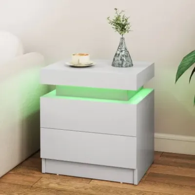 Nočný stolík s LED osvetlením Nočná komoda s 2 zásuvkami Moderný nočný stolík biely