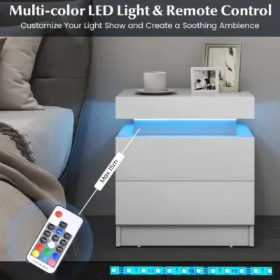 Nočný stolík s LED osvetlením Nočná komoda s 2 zásuvkami Moderný nočný stolík biely