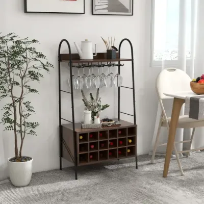 Stojan na víno Stojan na fľaše na 18 fliaš Stojan na víno s 5 držiakmi na poháre na víno 63 x 32 x 114,5 cm Rustikálna hnedá
