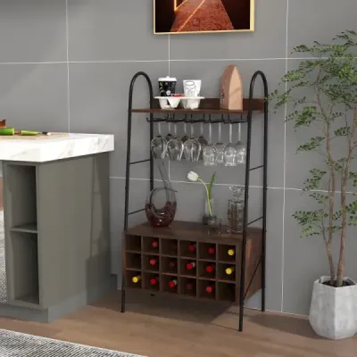 Stojan na víno Stojan na fľaše na 18 fliaš Stojan na víno s 5 držiakmi na poháre na víno 63 x 32 x 114,5 cm Rustikálna hnedá