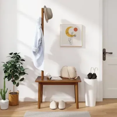 3 v 1 postranný stolík z masívneho dreva s lavicou na topánky 76 x 43 x 168 cm hnedý