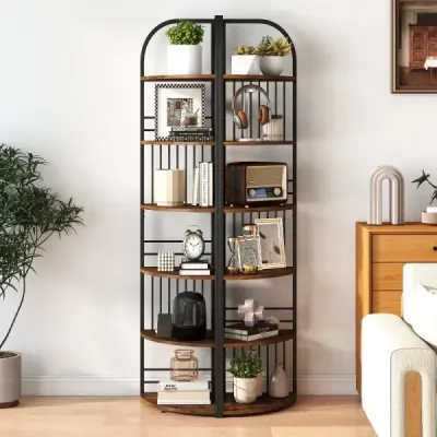 6-poschodový rohový regál 181,5 cm s kovovým rámom, úložný priestor, stojan na rastliny do obývačky, rustikálny štýl, hnedá a čierna