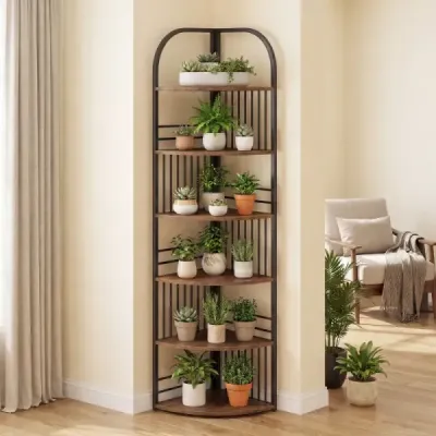 6-poschodový rohový regál 181,5 cm s kovovým rámom, úložný priestor, stojan na rastliny do obývačky, rustikálny štýl, hnedá a čierna