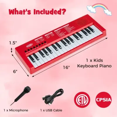 Detský klavírny keyboard, 37 klávesov, prenosný elektrický klavír s 8 rytmami, 8 zvukmi a 22 demami, červený