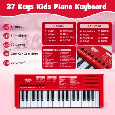 Detský klavírny keyboard, 37 klávesov, prenosný elektrický klavír s 8 rytmami, 8 zvukmi a 22 demami, červený