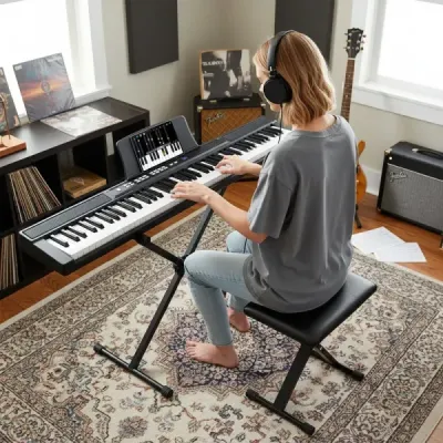 88 klávesové elektrické piano s nastaviteľným stojanom, stoličkou a pedálom sustain Keyboard Čierna