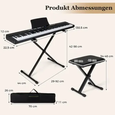 88 klávesové elektrické piano s nastaviteľným stojanom, stoličkou a pedálom sustain Keyboard Čierna