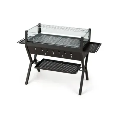 Gril na drevené uhlie s vetrovkou, stojanmi na korenie a policou Grilovacia plocha z nehrdzavejúcej ocele 98 x 42 x 68 cm Hnedá farba