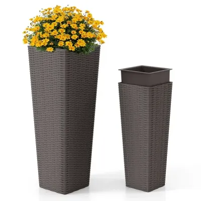 Sada 2 kvetináčov s vnútorným kvetináčom 82 cm / 60 cm vysokých, ratanové kvetináče, stohovateľné kvetináče s drenážnymi otvormi, hnedé