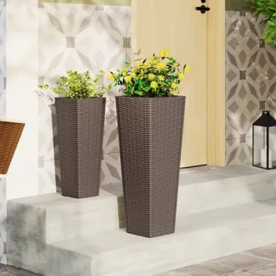 Sada 2 kvetináčov s vnútorným kvetináčom 82 cm / 60 cm vysokých, ratanové kvetináče, stohovateľné kvetináče s drenážnymi otvormi, hnedé