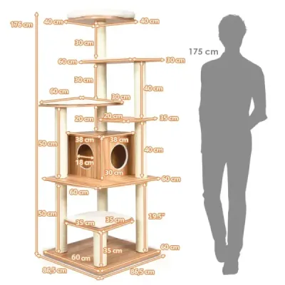 175 cm strom pre mačky 6-poschodové škrabadlo pre mačky drevený škrabací domček s jaskyňou a 5 podložkami