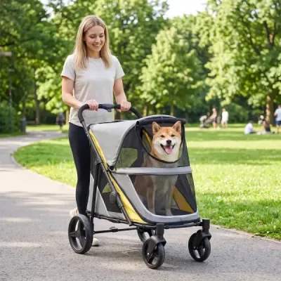 Skladací kočík pre psa so 4 terénnymi kolesami a sieťovanými okienkami, nosnosť do 100 kg