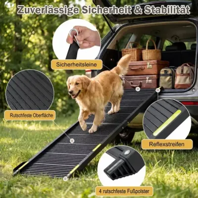 Skladacia rampa pre psov do auta – prenosná rampa pre domáce zvieratá s protišmykovým plastovým povrchom, dĺžka 64,5" (cca 164 cm) x šírka 16" (cca 41 cm) – čierna