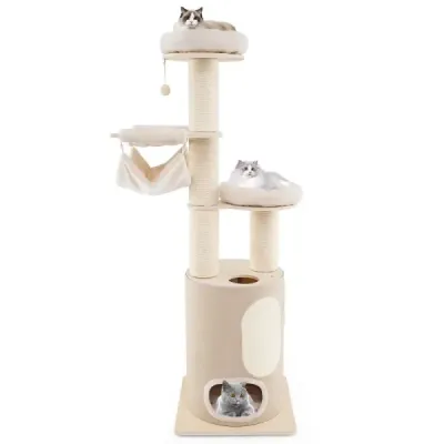 Cat tree veľký mačací strom s 2-poschodovým sudom na škrabanie 2 hojdacie siete prírodné 58 x 58 x 187 cm