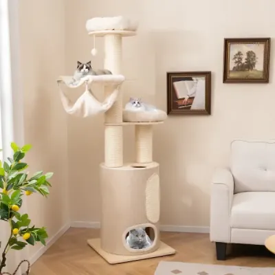 Cat tree veľký mačací strom s 2-poschodovým sudom na škrabanie 2 hojdacie siete prírodné 58 x 58 x 187 cm