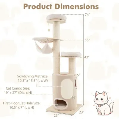 Cat tree veľký mačací strom s 2-poschodovým sudom na škrabanie 2 hojdacie siete prírodné 58 x 58 x 187 cm