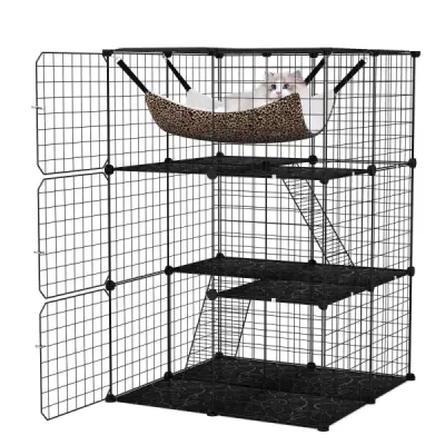 Klietka pre mačky 3-poschodový veľký výbeh pre mačky s hojdacou sieťou 2 rebríky 3 dvere a strešné okno 74 x 74 x 107 cm
