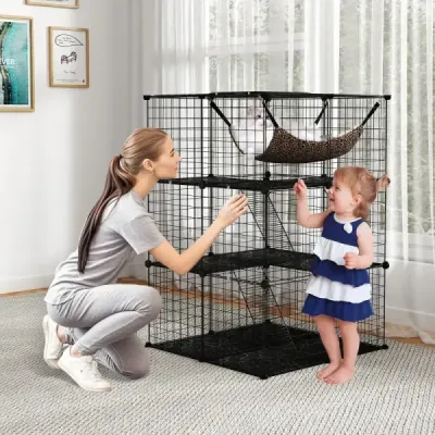 Klietka pre mačky 3-poschodový veľký výbeh pre mačky s hojdacou sieťou 2 rebríky 3 dvere a strešné okno 74 x 74 x 107 cm